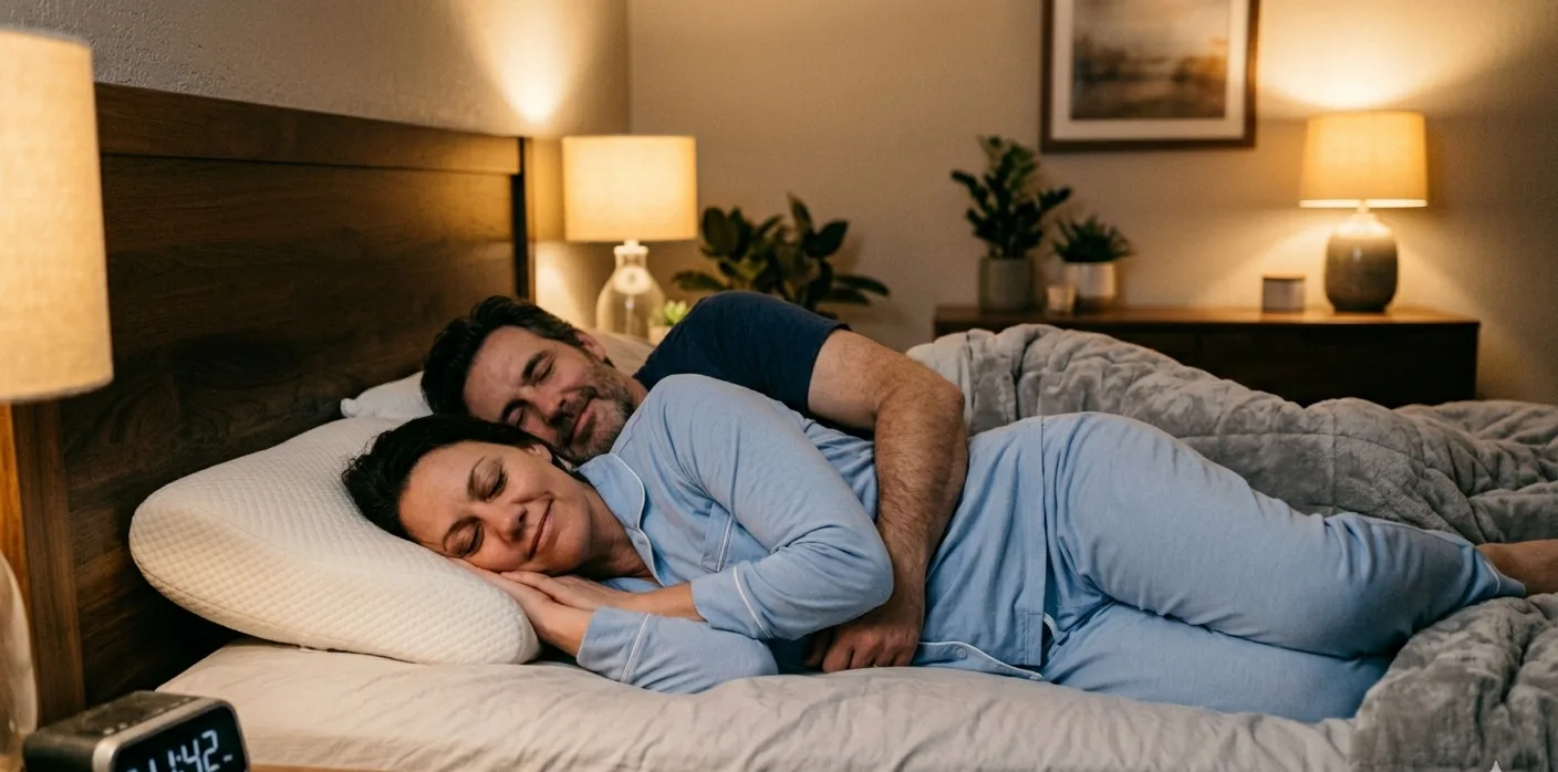 casal dormindo de lado confortavelmente