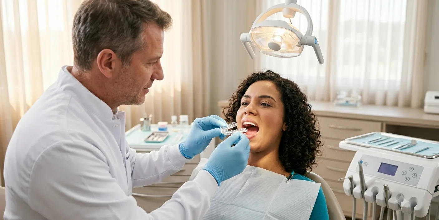 dentista mostrando aparelho intraoral para paciente