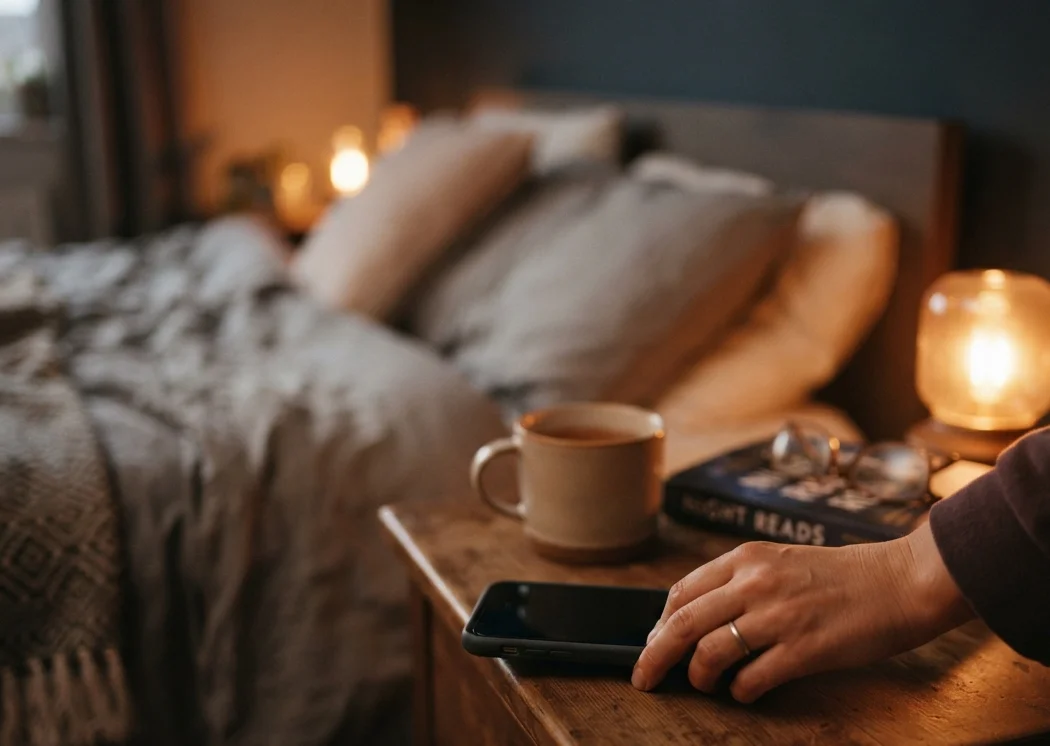 mão colocando celular na mesa de cabeceira antes de dormir para gravar o ronco