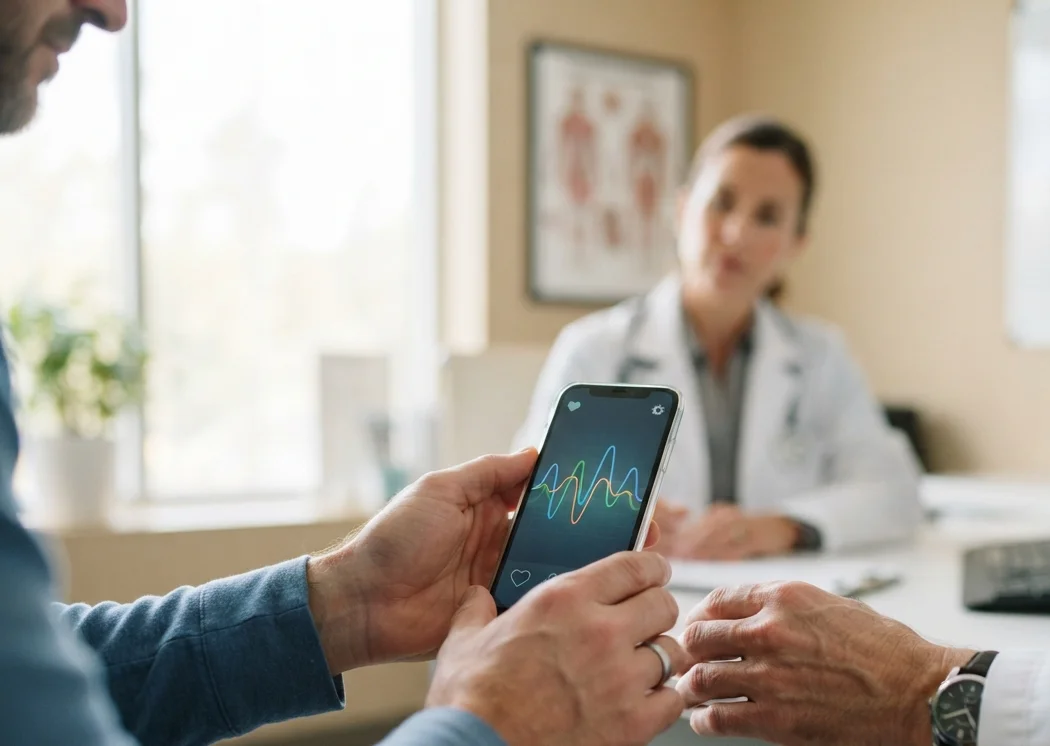 pessoa mostrando gravação do app de ronco para o médico em consulta
