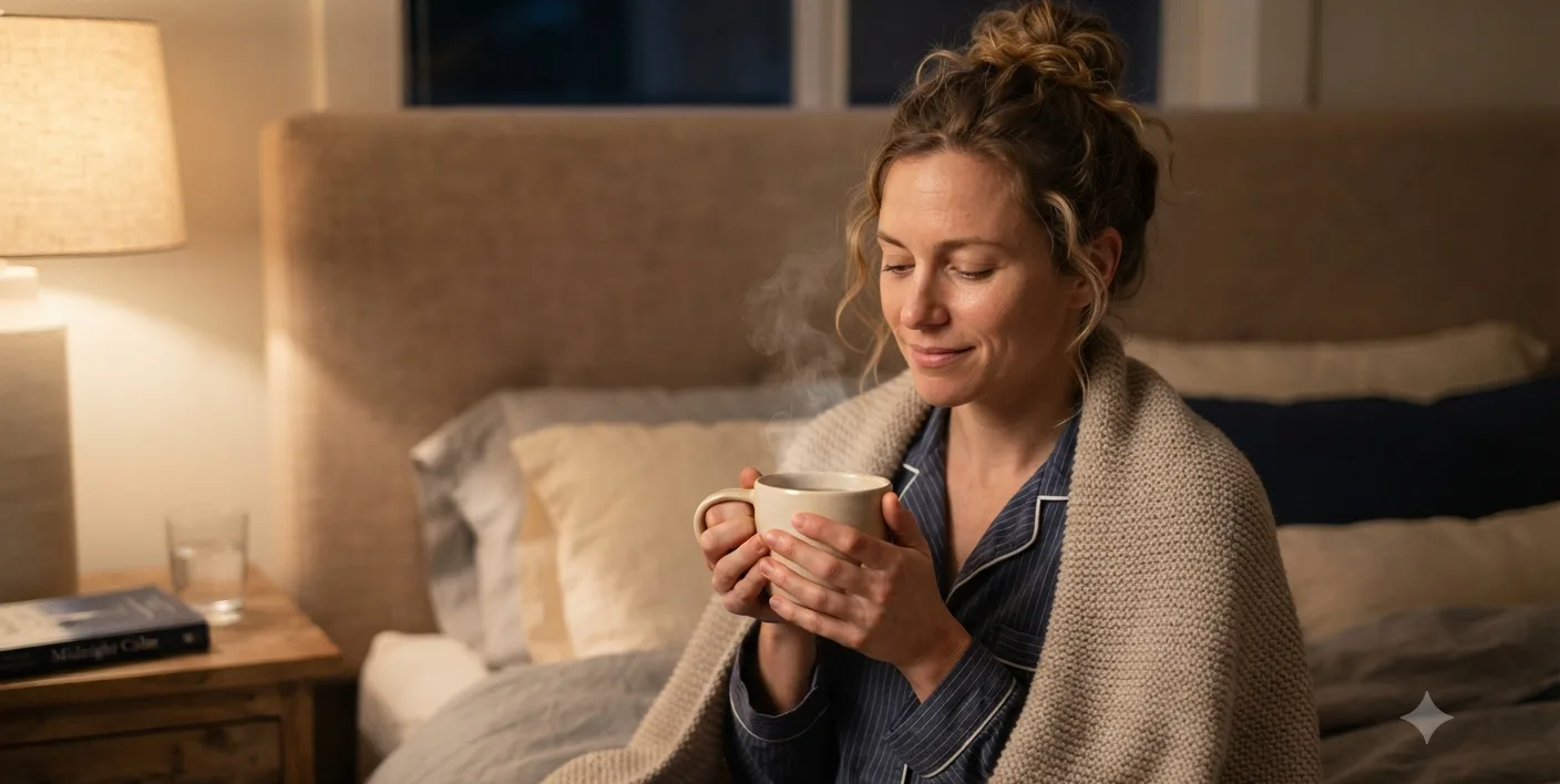 mulher tomando cha quente na cama antes de dormir