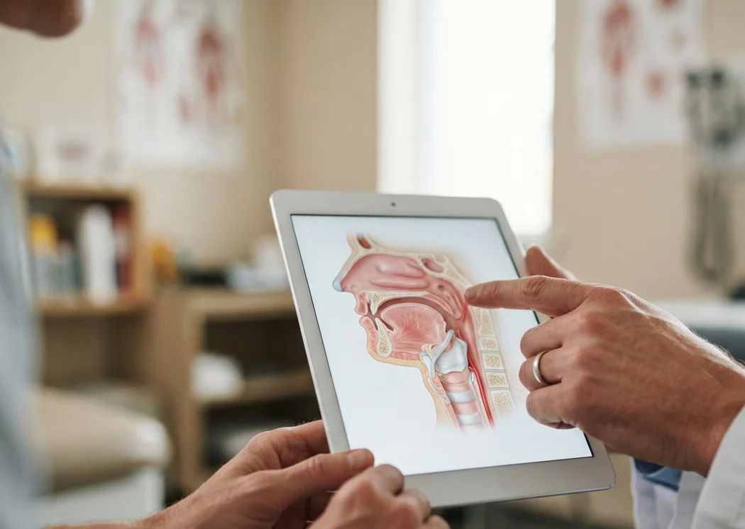 médico apontando para diagrama anatômico da garganta explicando tipos de cirurgia para ronco