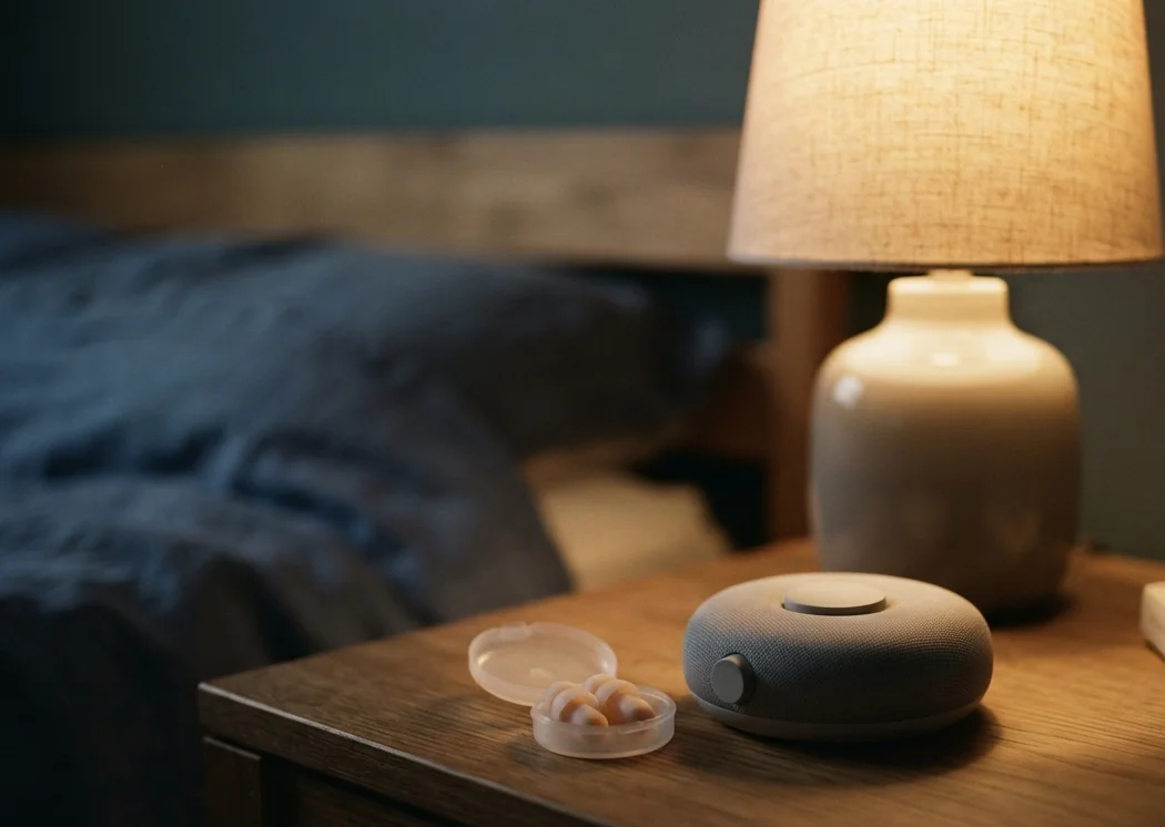 protetor auricular de silicone e máquina de ruído branco na mesa de cabeceira