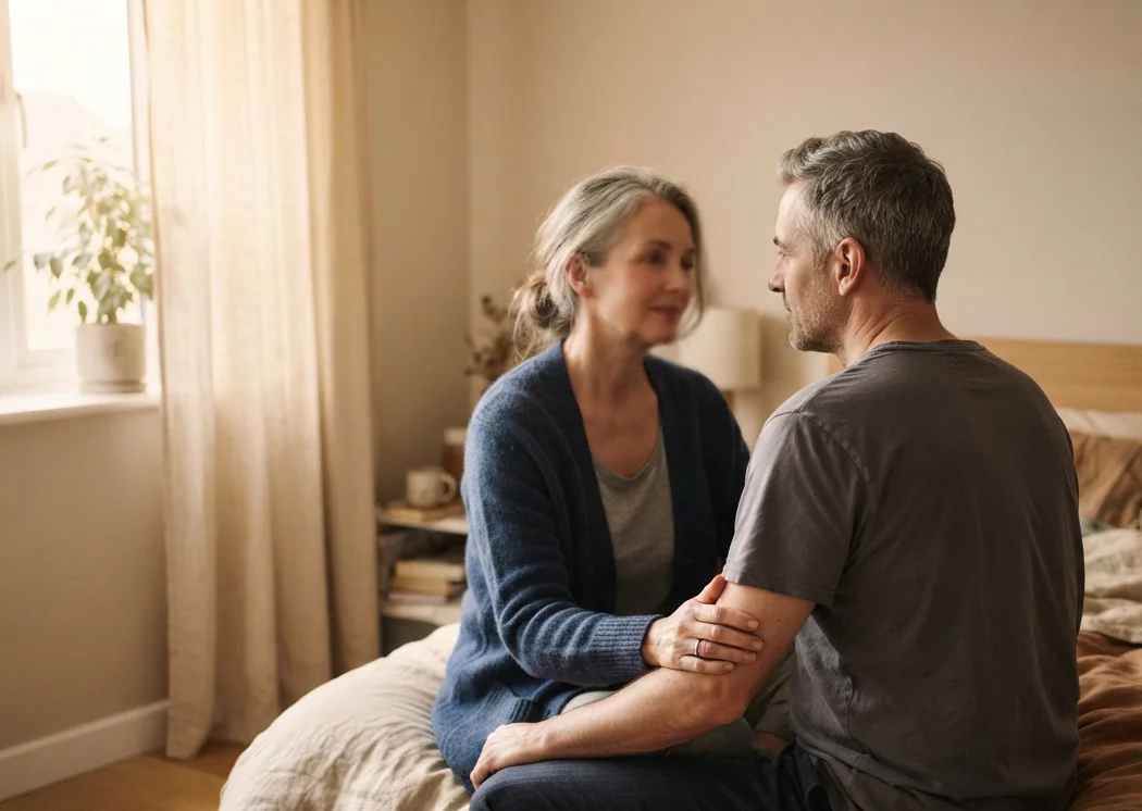 casal conversando na cama pela manhã sobre o ronco