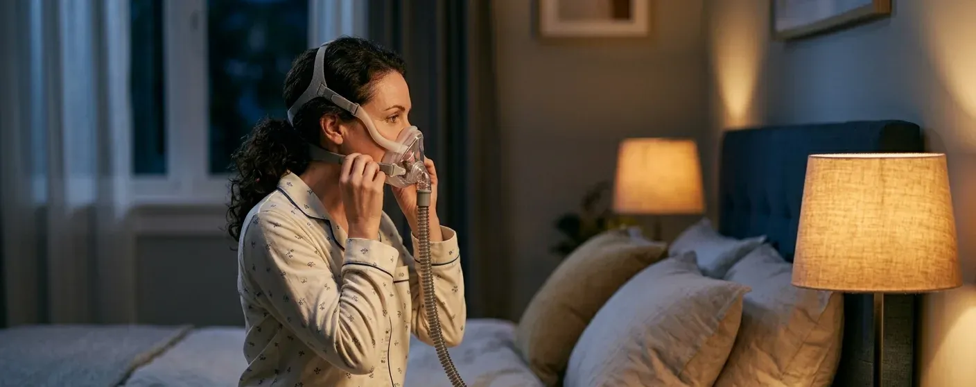 mulher ajustando máscara cpap antes de dormir