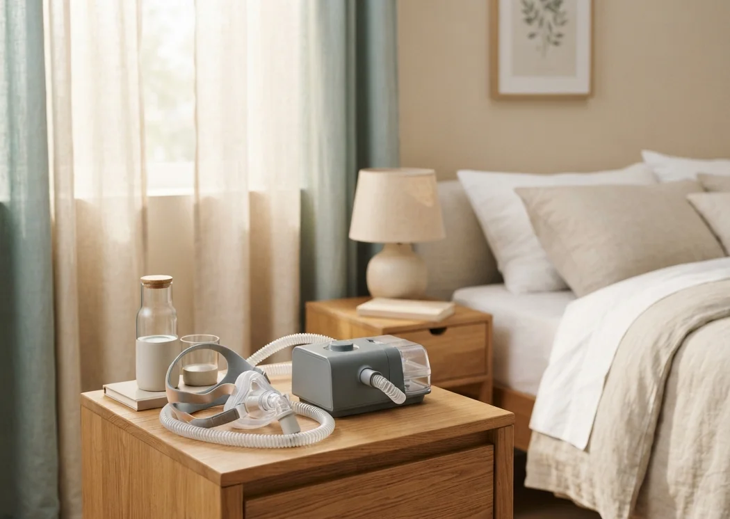 aparelho de CPAP e máscara sobre a cama, cobertos pelo plano de saúde
