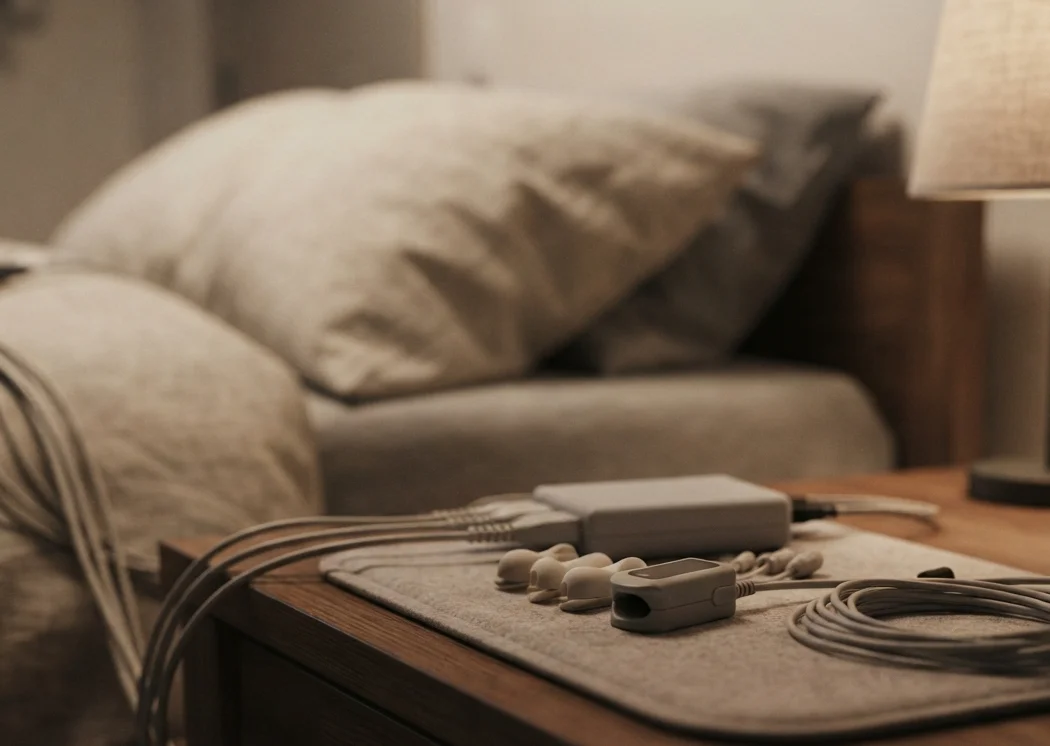 sensor de oximetria e fios de monitoramento sobre a mesa de cabeceira durante a polissonografia