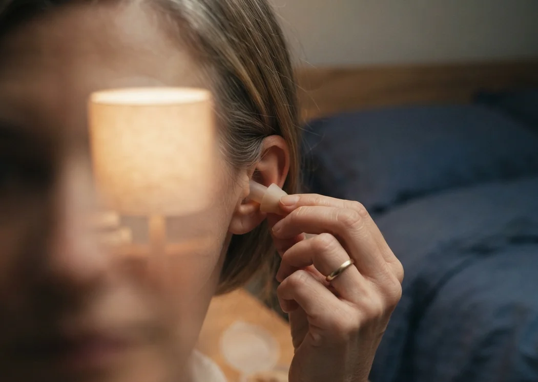 mulher colocando protetor auricular de silicone antes de dormir