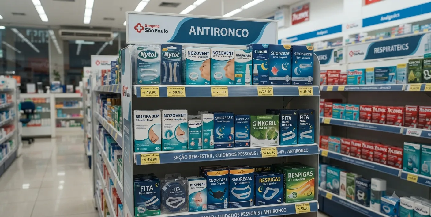 prateleira de farmacia brasileira com produtos anti ronco