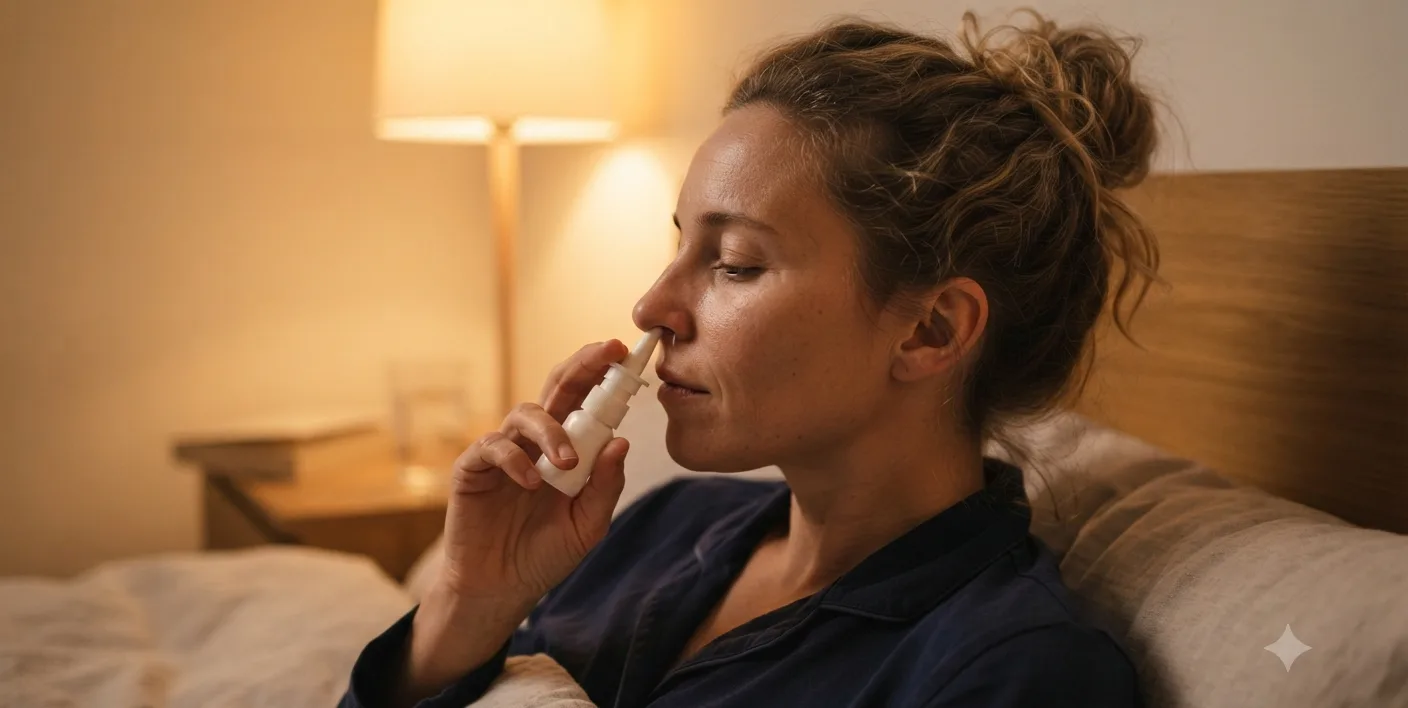 aplicando spray nasal antes de dormir para parar de roncar pelo nariz