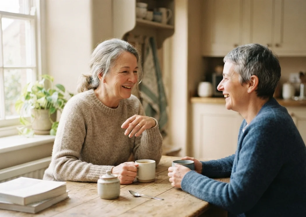 duas mulheres conversando sobre ronco na menopausa durante um café