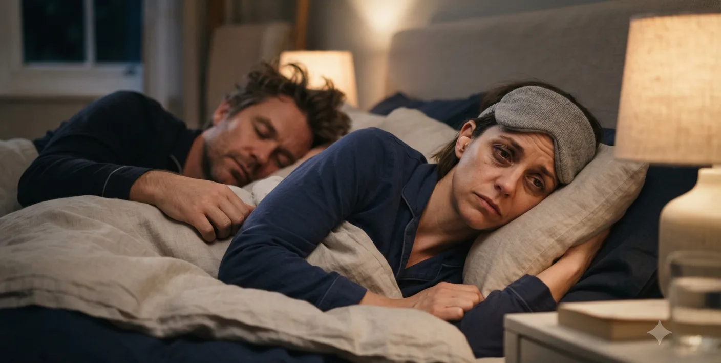 mulher usando protetor auricular na cama por causa do ronco do parceiro