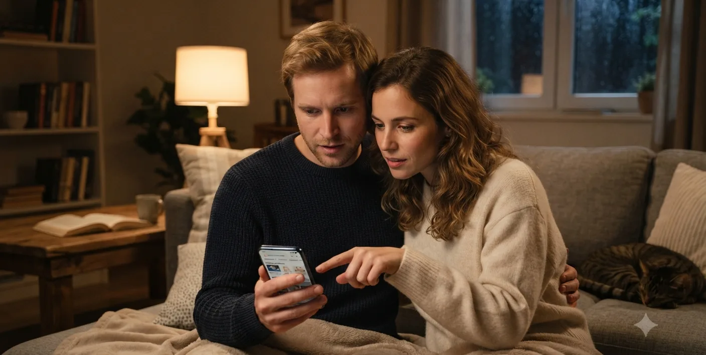 casal pesquisando solucoes para ronco juntos no celular