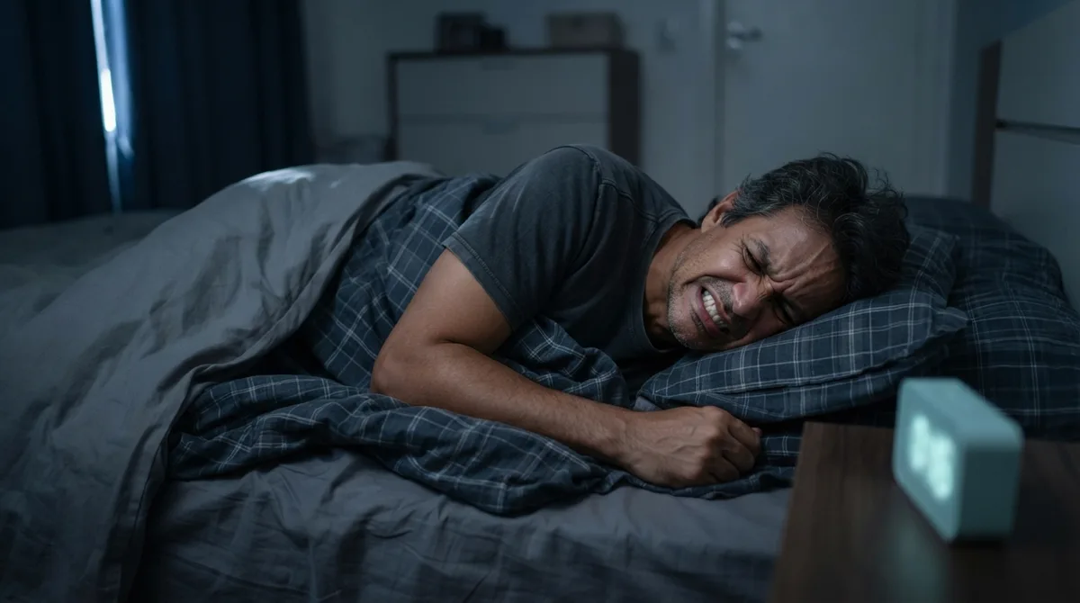 homem com a mandíbula cerrada durante o sono, sinal de bruxismo do sono