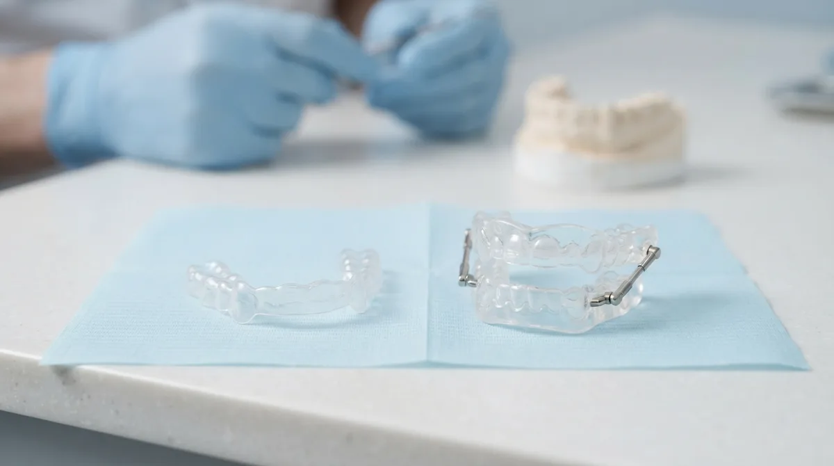 placa de bruxismo e aparelho intraoral de avanço mandibular lado a lado