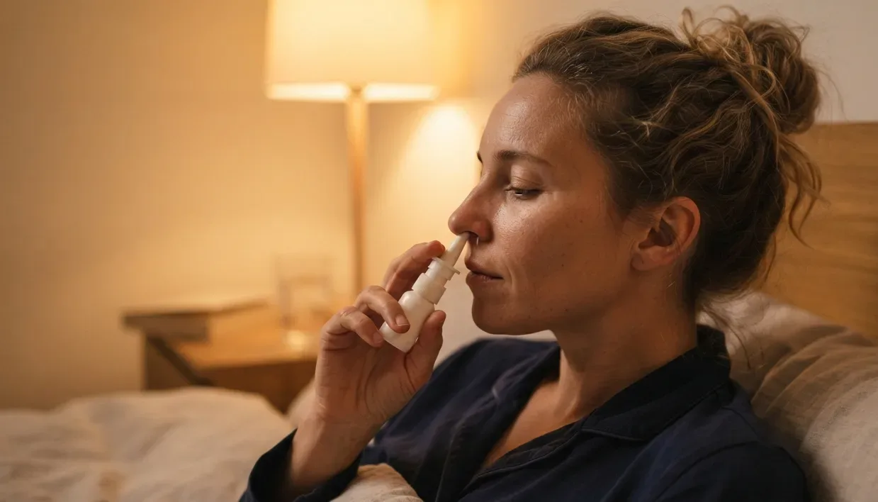 aplicando spray nasal antes de dormir para parar de roncar pelo nariz