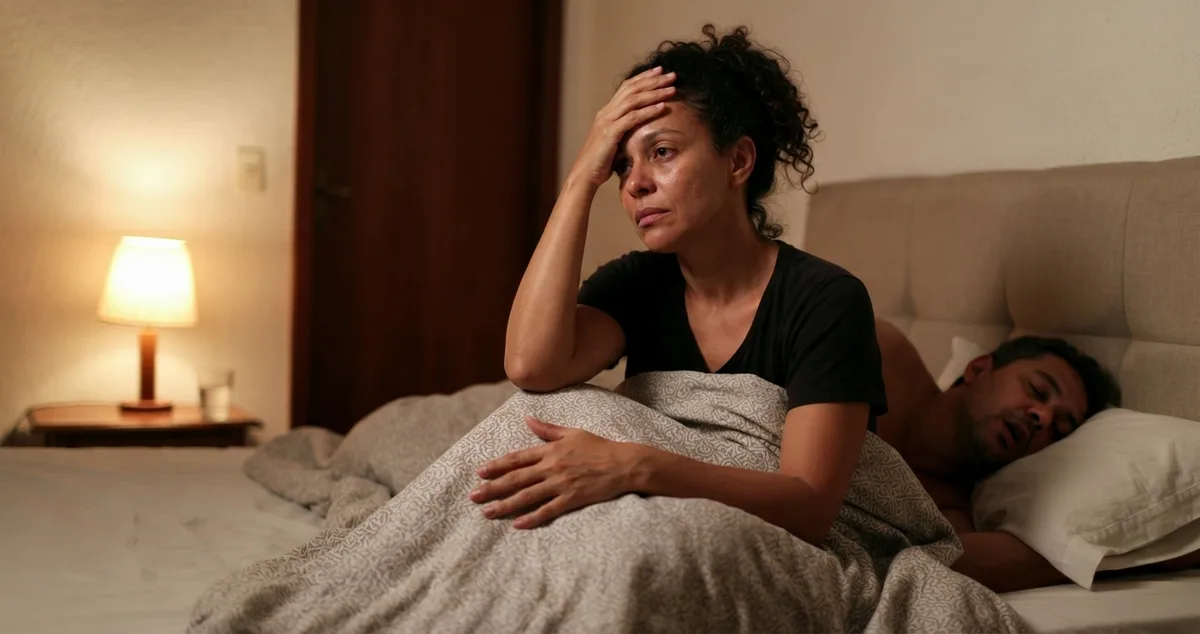 Mulher acordada na cama ao lado do parceiro cujo ronco voltou depois do tratamento